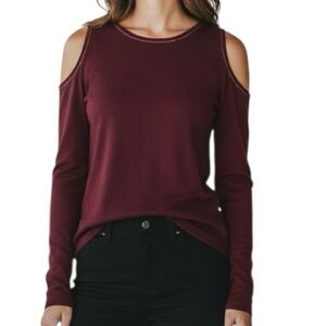 NWT WHITE HOUSE BLACK MARKET Burgundy Gold Trim Cold Shoulder Sweater Size Large